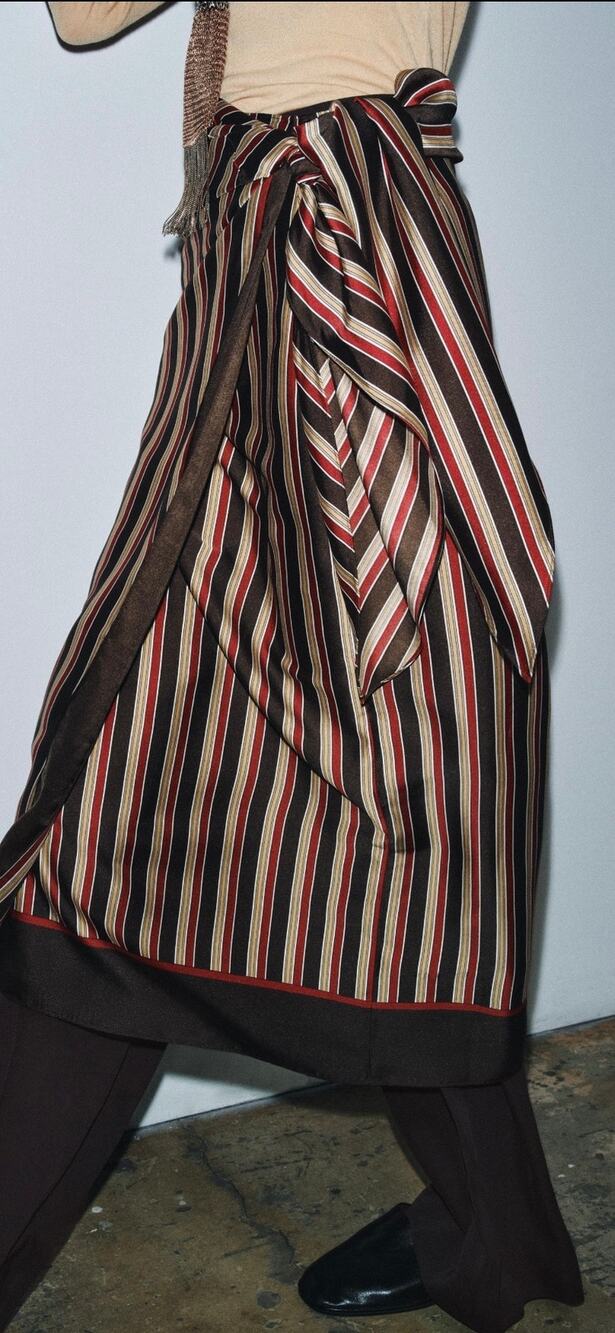 Zara ZW Collection Striped Pareo Wrap Midi Skirt Brown Red Size S